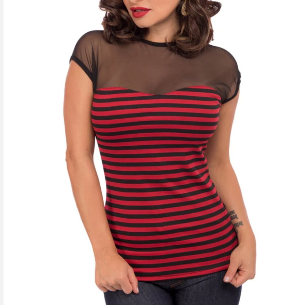 Steady Brand Red & Black Striped Delinquent Mesh Top XL
